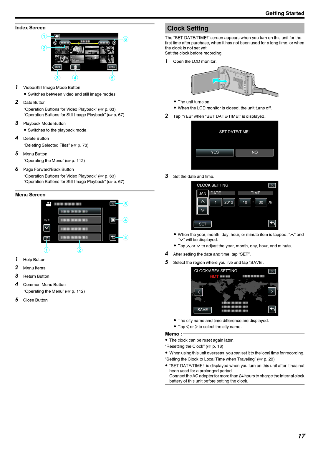 JVC GZ-V500 manual Clock Setting, Index Screen, Menu Screen, Set the date and time 