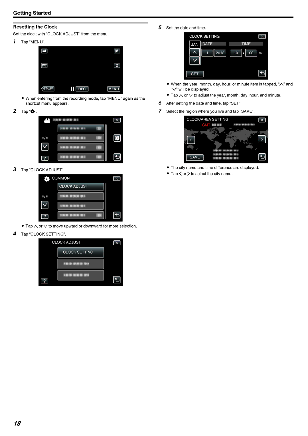 JVC GZ-V500 manual Resetting the Clock, Set the clock with Clock Adjust from the menu Tap Menu 