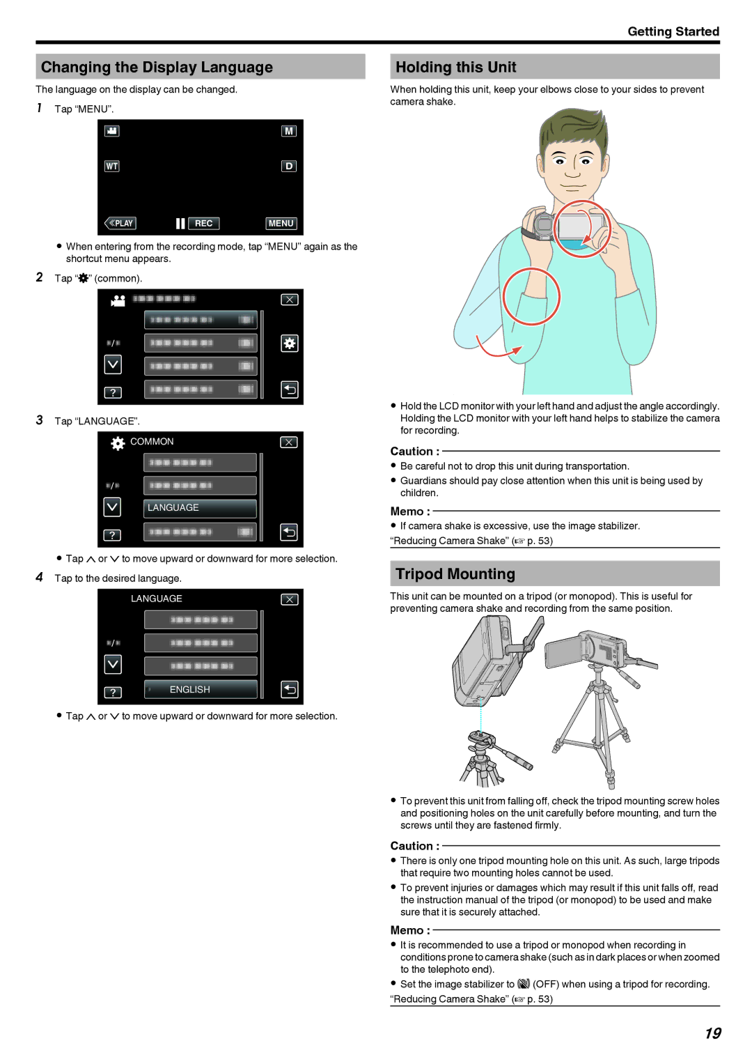 JVC GZ-V500 manual Changing the Display Language, Holding this Unit, Tripod Mounting 