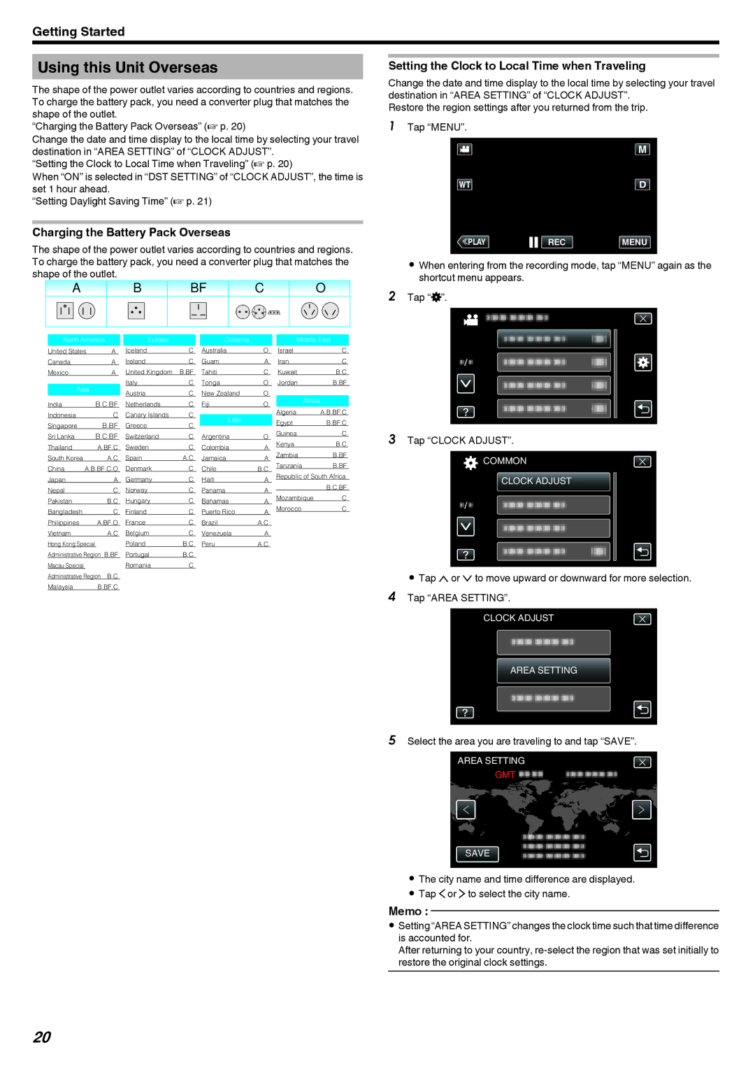 JVC GZ-V500 Using this Unit Overseas, Charging the Battery Pack Overseas, Setting the Clock to Local Time when Traveling 