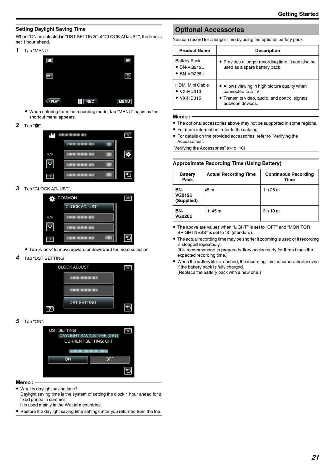 JVC GZ-V500 manual Optional Accessories, Setting Daylight Saving Time, Approximate Recording Time Using Battery 