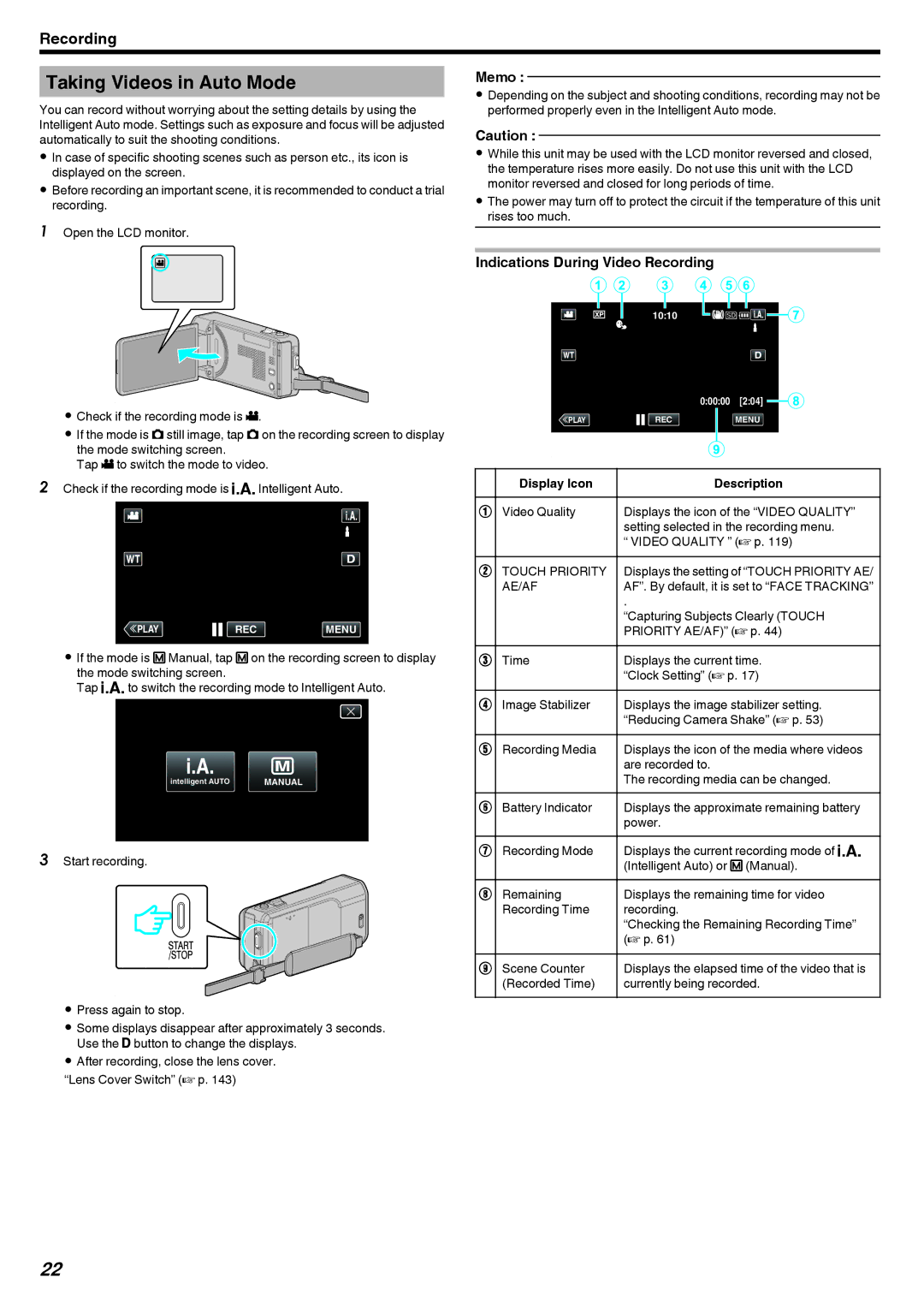 JVC GZ-V500 manual Taking Videos in Auto Mode, Indications During Video Recording, Display Icon, Touch Priority, Ae/Af 