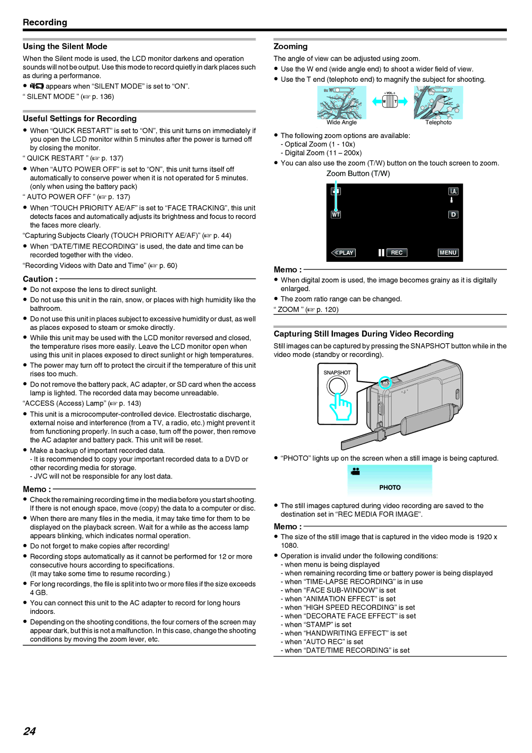 JVC GZ-V500 Using the Silent Mode, Useful Settings for Recording, Zooming, Capturing Still Images During Video Recording 