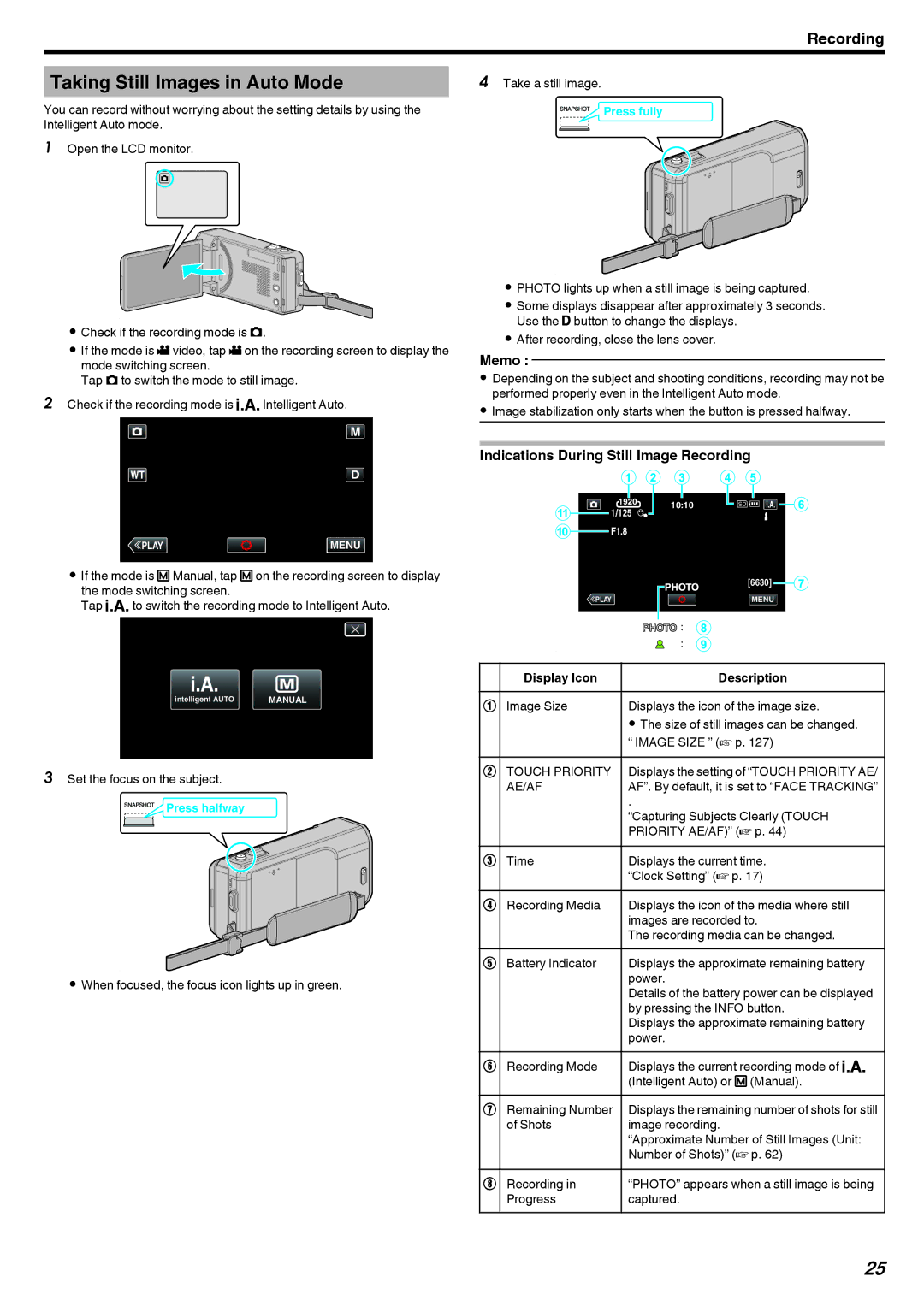 JVC GZ-V500 manual Taking Still Images in Auto Mode, Indications During Still Image Recording, Set the focus on the subject 