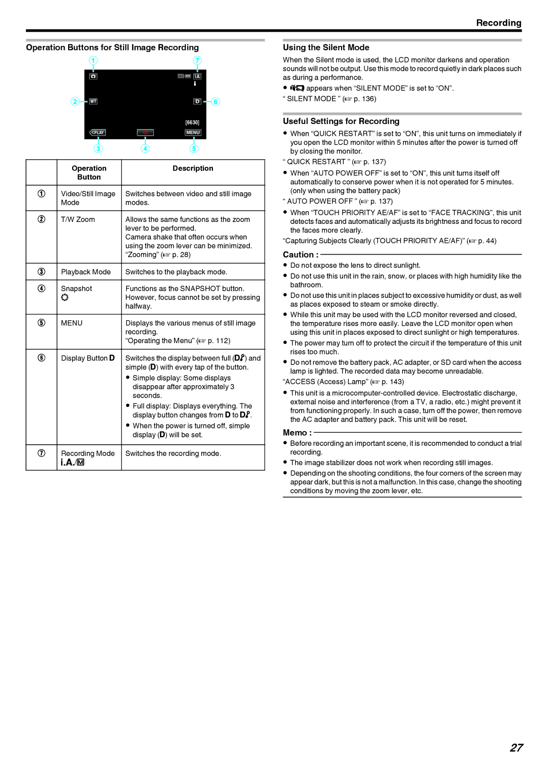 JVC GZ-V500 manual Operation Buttons for Still Image Recording, Halfway, Displays the various menus of still image, Seconds 