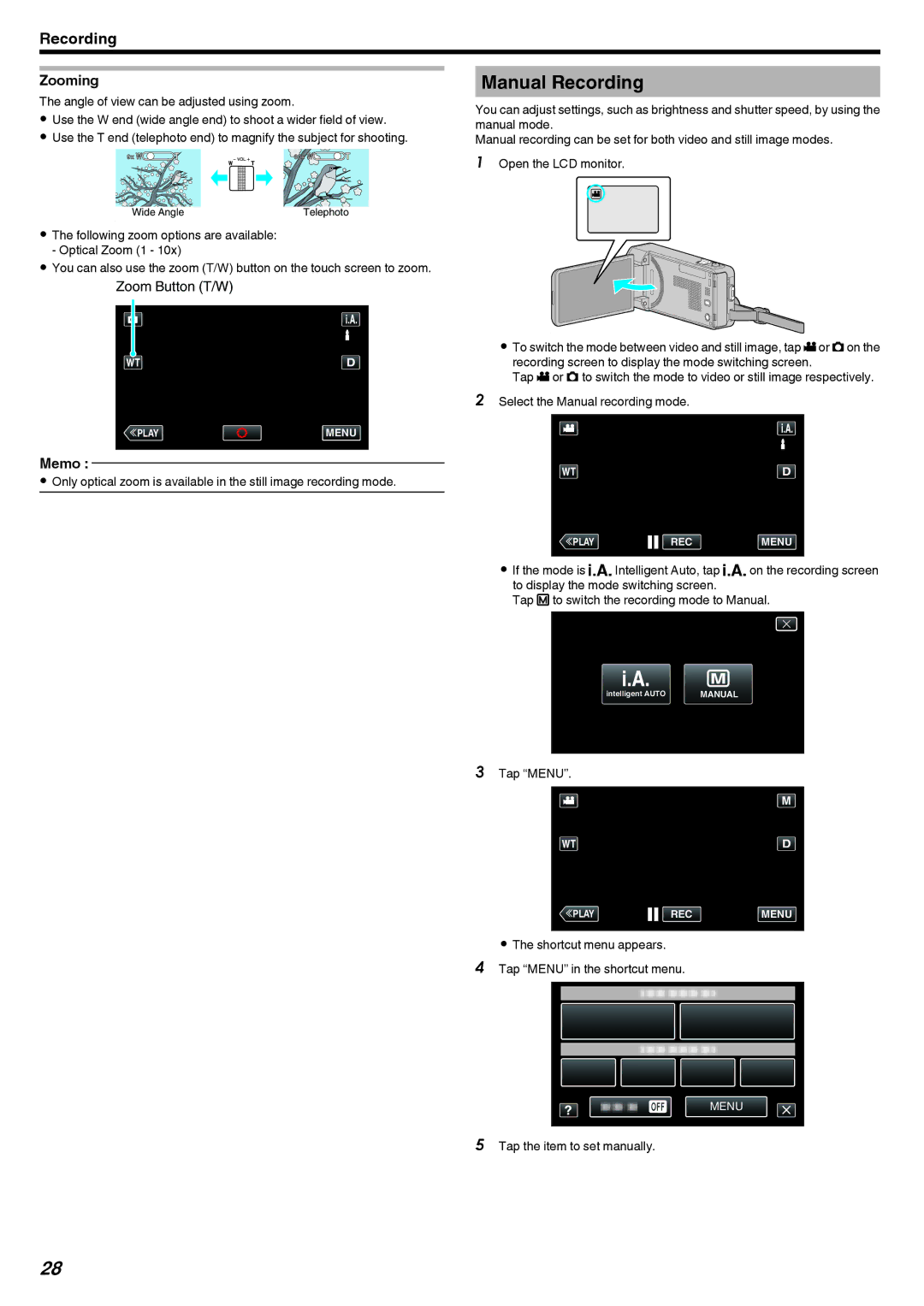 JVC GZ-V500 Manual Recording, Shortcut menu appears Tap Menu in the shortcut menu, Tap the item to set manually 