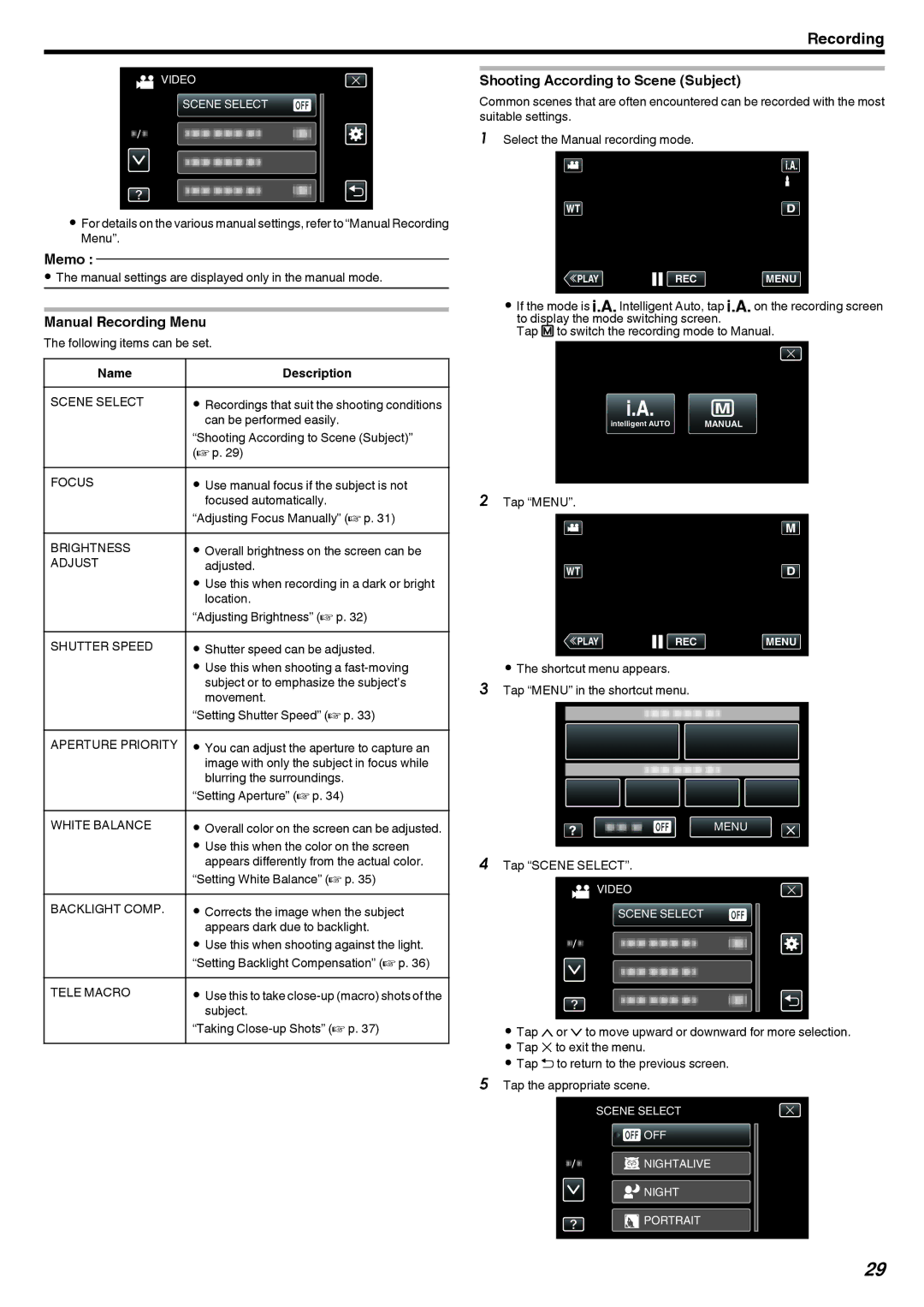 JVC GZ-V500 manual Manual Recording Menu, Shooting According to Scene Subject, Name Description 