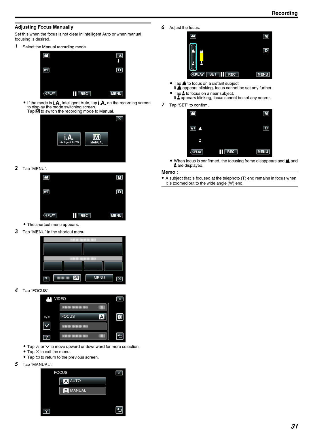 JVC GZ-V500 manual Adjusting Focus Manually, Tap Focus, Adjust the focus 