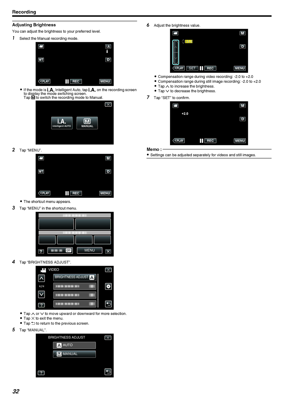 JVC GZ-V500 Adjusting Brightness, Adjust the brightness value, Compensation range during video recording -2.0 to +2.0 