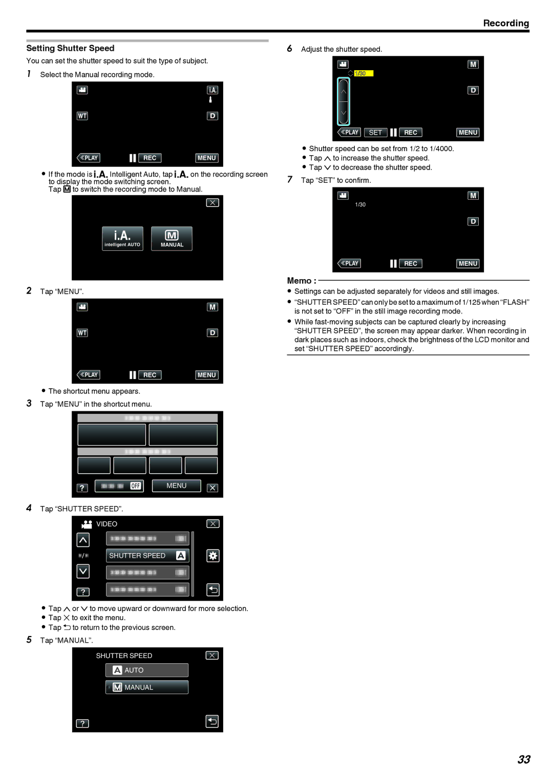 JVC GZ-V500 manual Setting Shutter Speed, Adjust the shutter speed, Tap Shutter Speed 