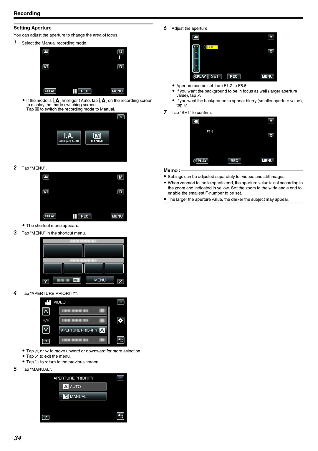 JVC GZ-V500 manual Setting Aperture, Adjust the aperture, Tap Aperture Priority 