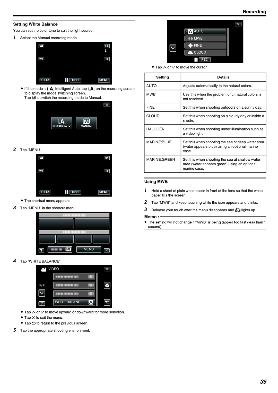 JVC GZ-V500 manual Setting White Balance, Using MWB, Setting Details 