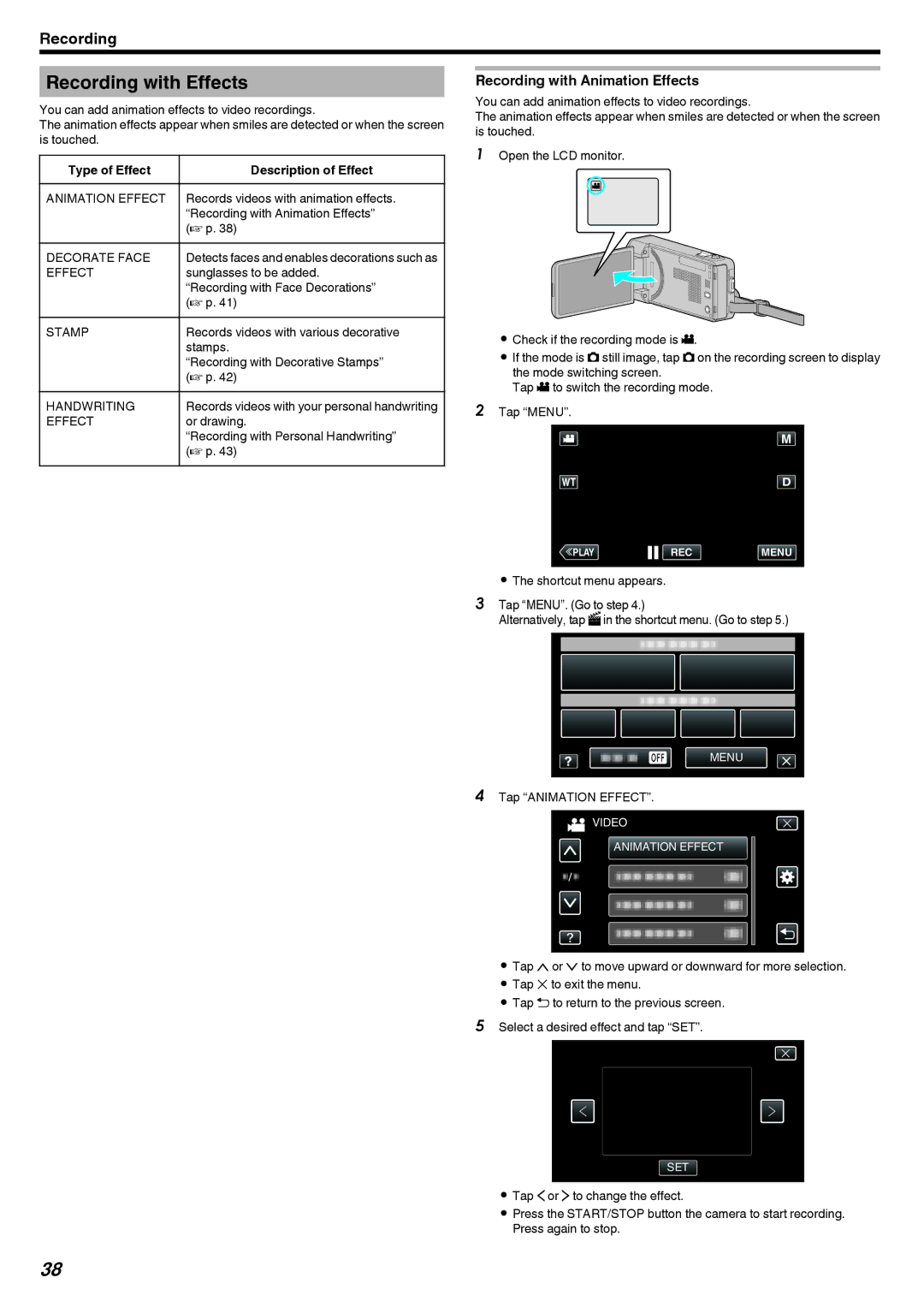 JVC GZ-V500 manual Recording with Effects, Recording with Animation Effects, Type of Effect Description of Effect 