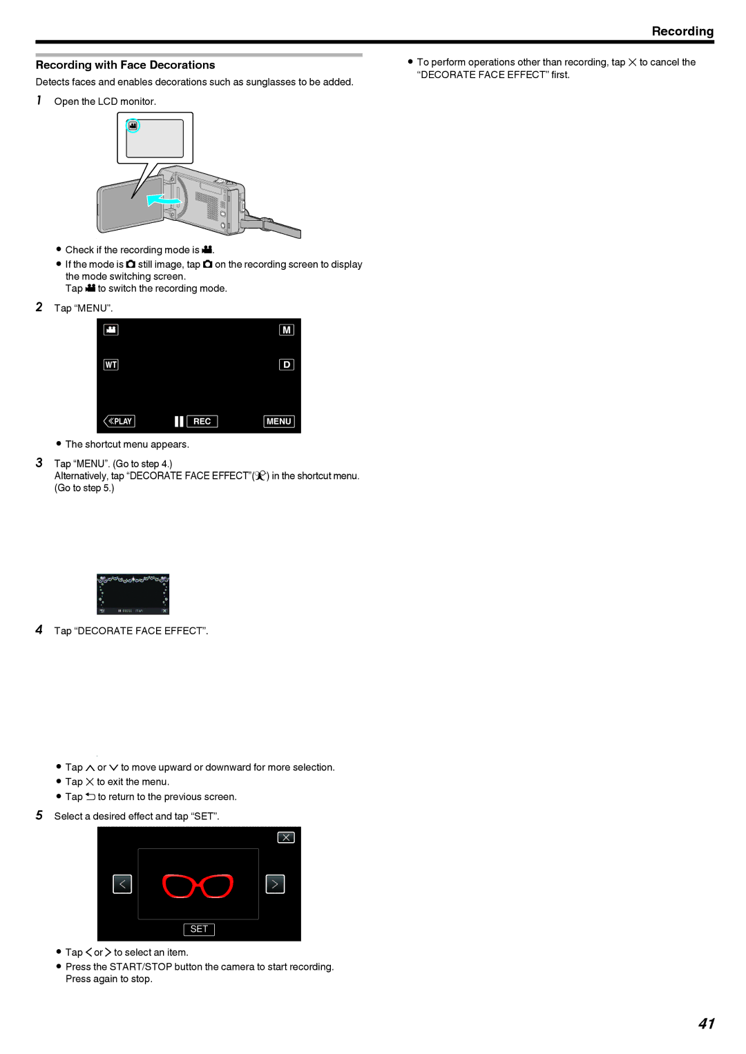 JVC GZ-V500 manual Recording with Face Decorations, Tap Decorate Face Effect 