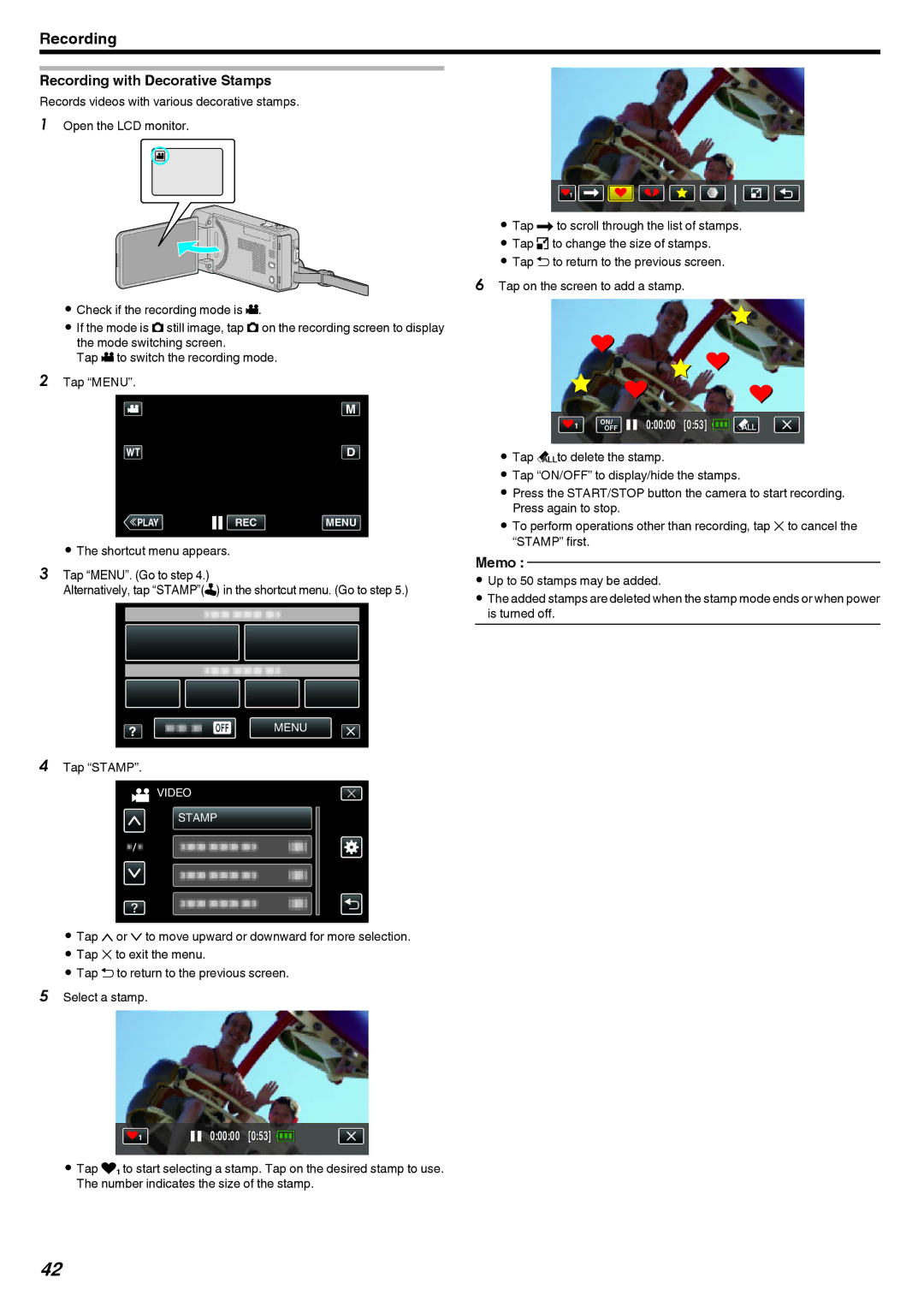 JVC GZ-V500 manual Recording with Decorative Stamps, Tap Stamp 