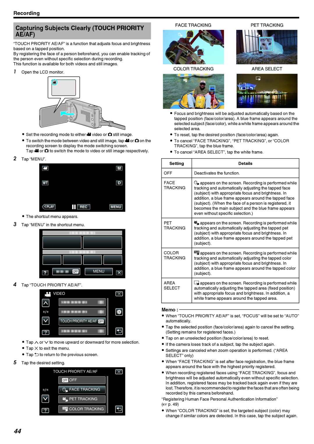 JVC GZ-V500 manual Capturing Subjects Clearly Touch Priority AE/AF 