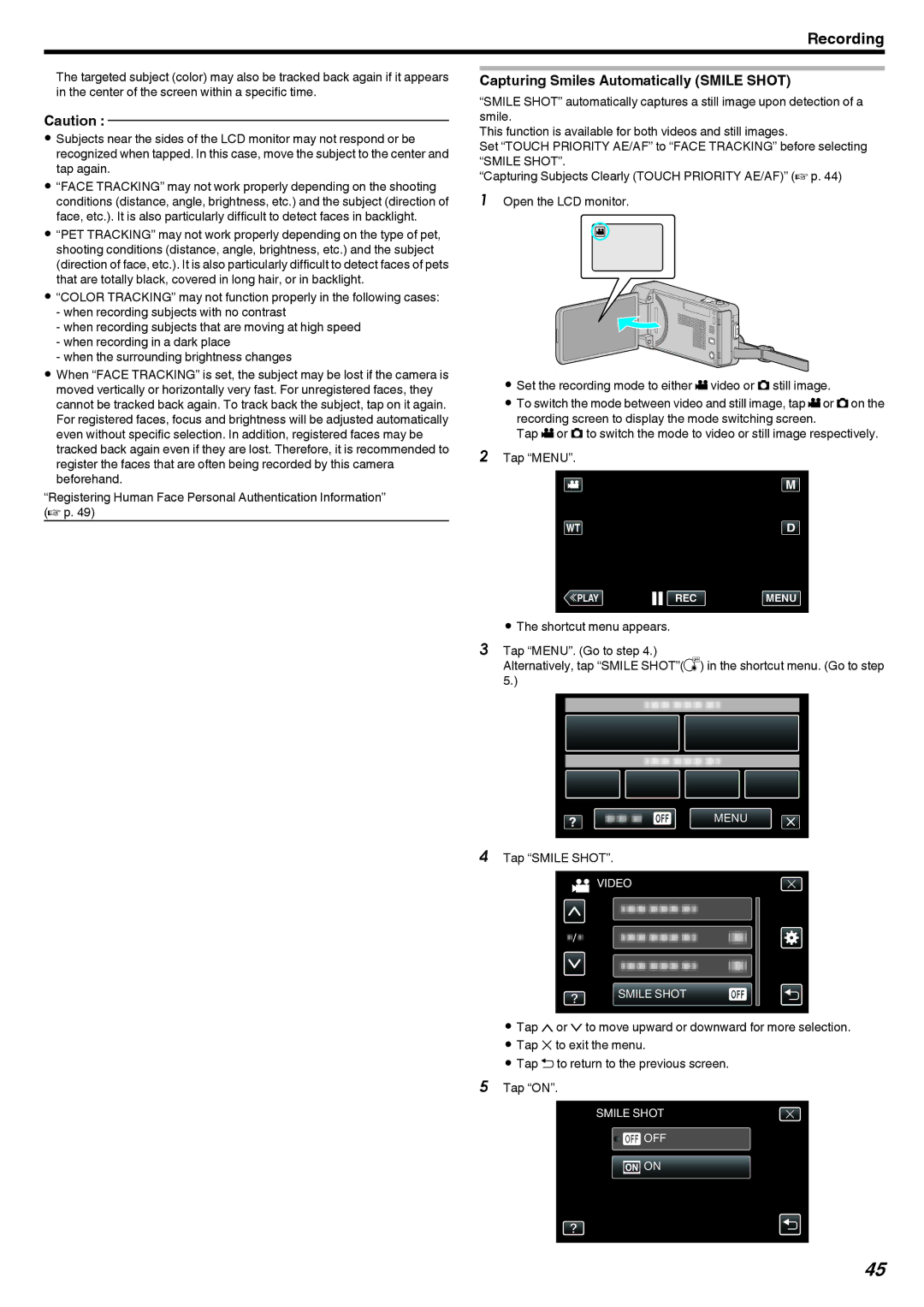 JVC GZ-V500 manual Capturing Smiles Automatically Smile Shot, Tap Smile Shot 