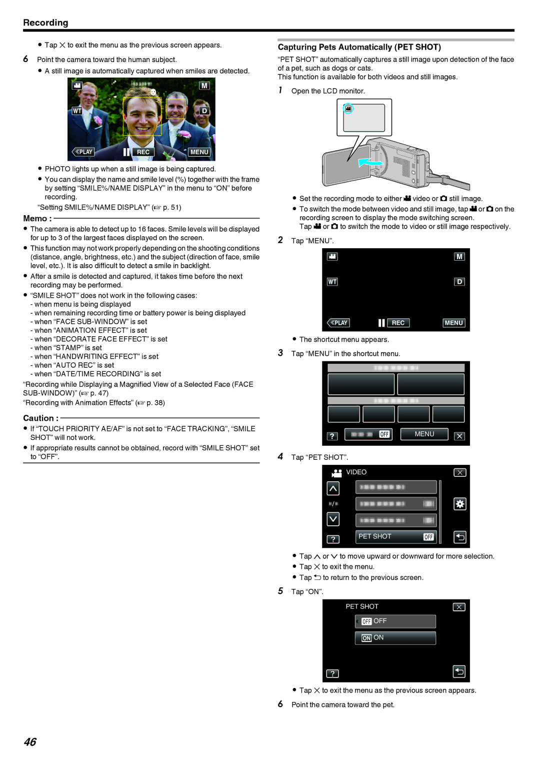 JVC GZ-V500 manual Capturing Pets Automatically PET Shot, Tap PET Shot 