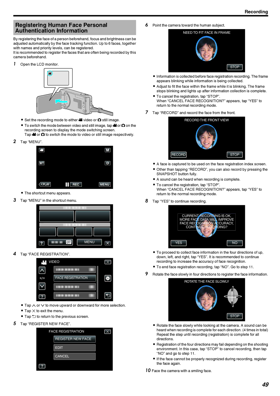 JVC GZ-V500 manual Registering Human Face Personal Authentication Information, Tap Face Registration 