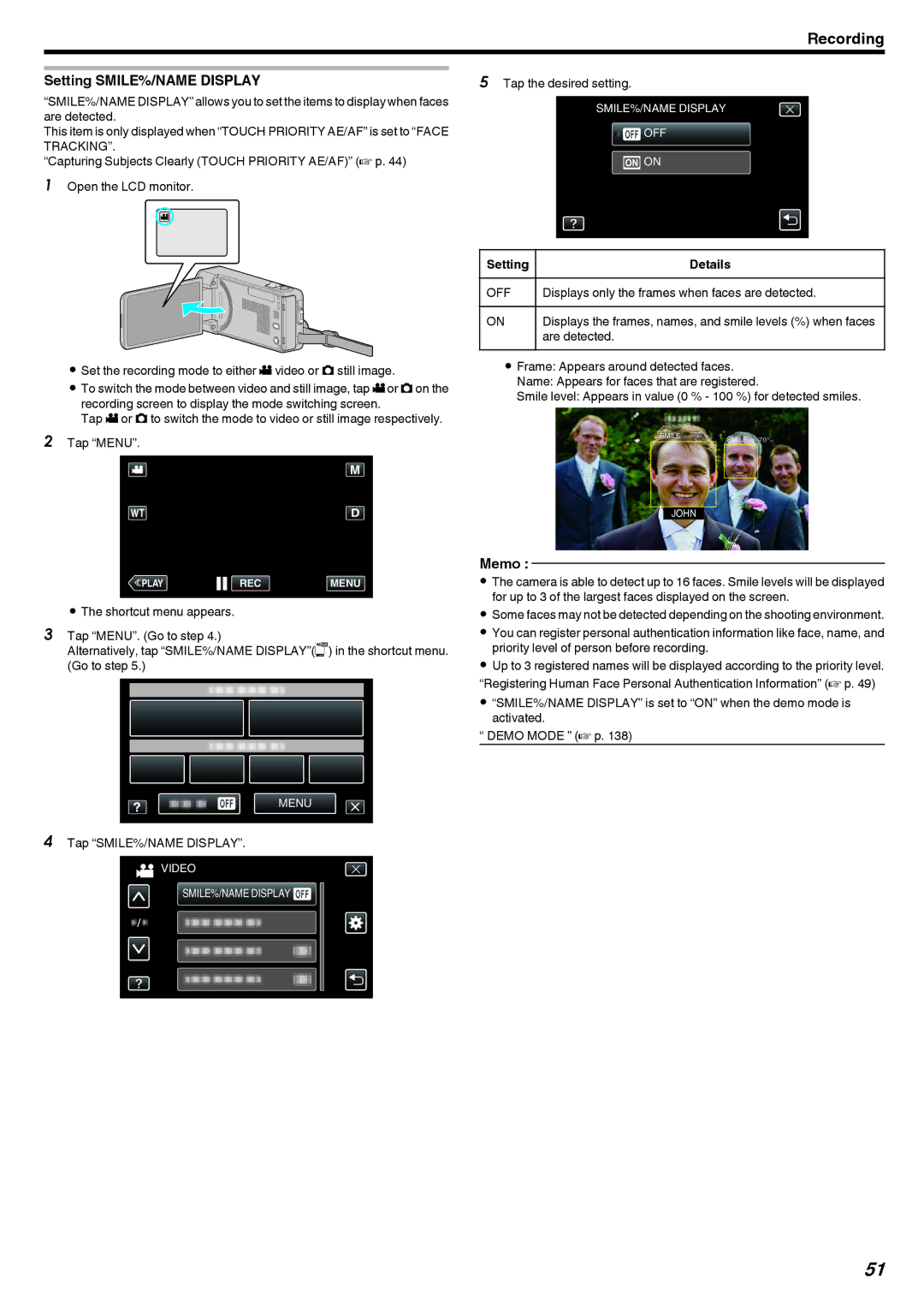 JVC GZ-V500 manual Setting SMILE%/NAME Display, Tap SMILE%/NAME Display, Displays only the frames when faces are detected 