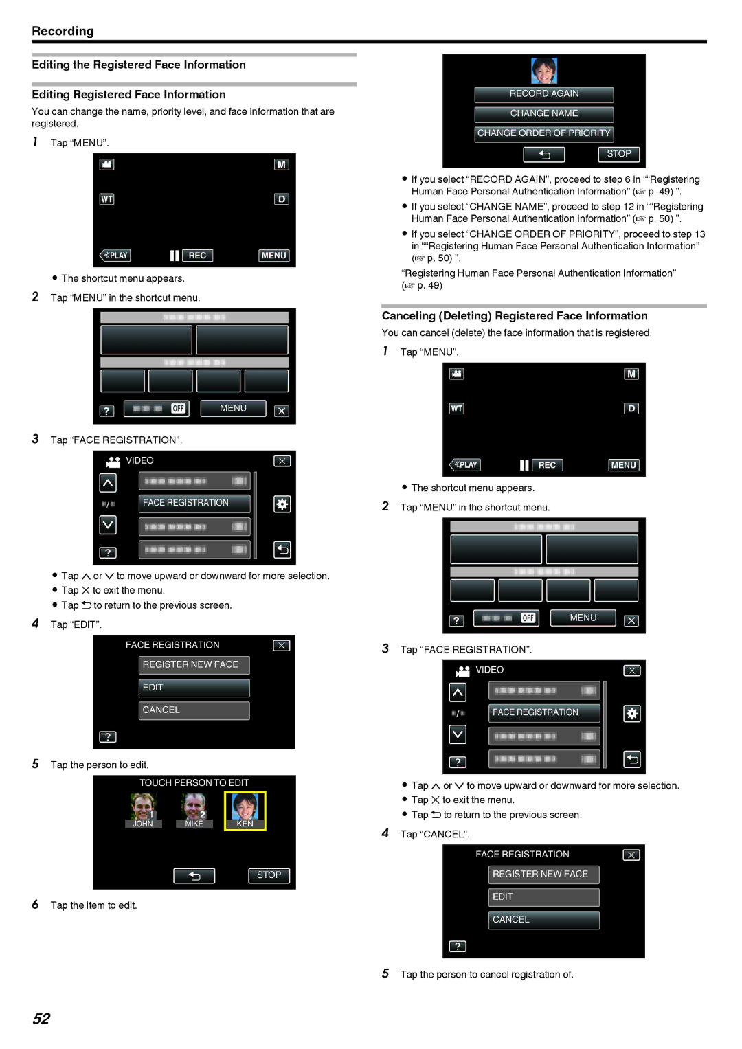 JVC GZ-V500 manual Canceling Deleting Registered Face Information, Tap the person to edit, Tap the item to edit 