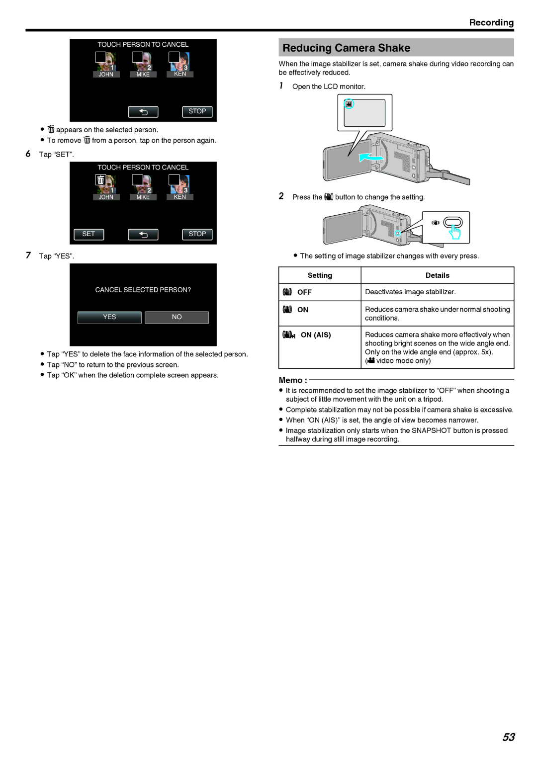 JVC GZ-V500 manual Reducing Camera Shake 