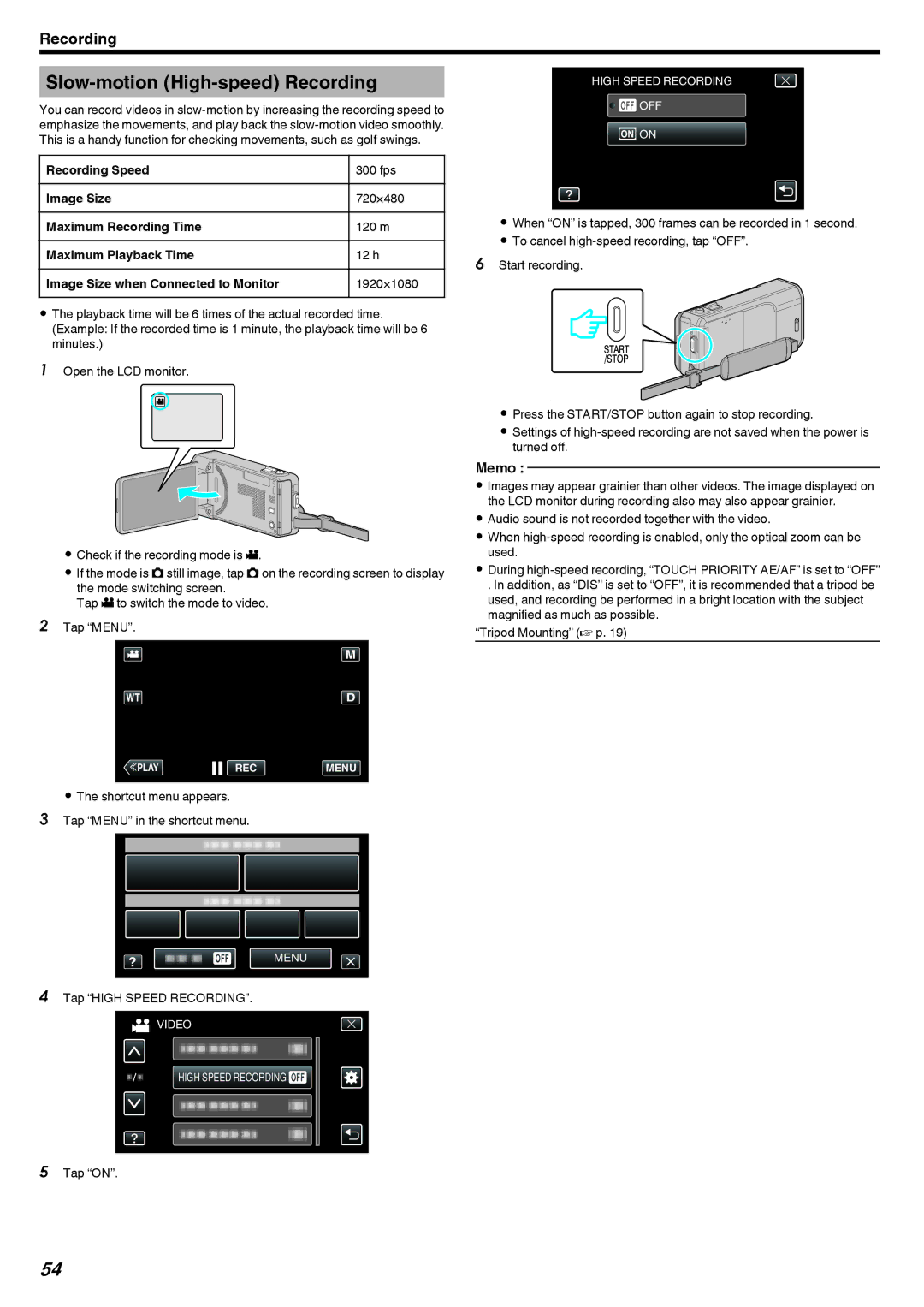 JVC GZ-V500 manual Slow-motion High-speed Recording, Tap High Speed Recording 