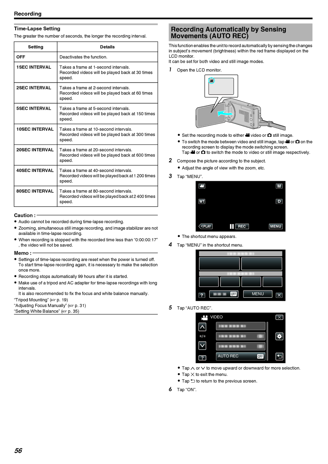 JVC GZ-V500 manual Recording Automatically by Sensing Movements Auto REC, Time-Lapse Setting 