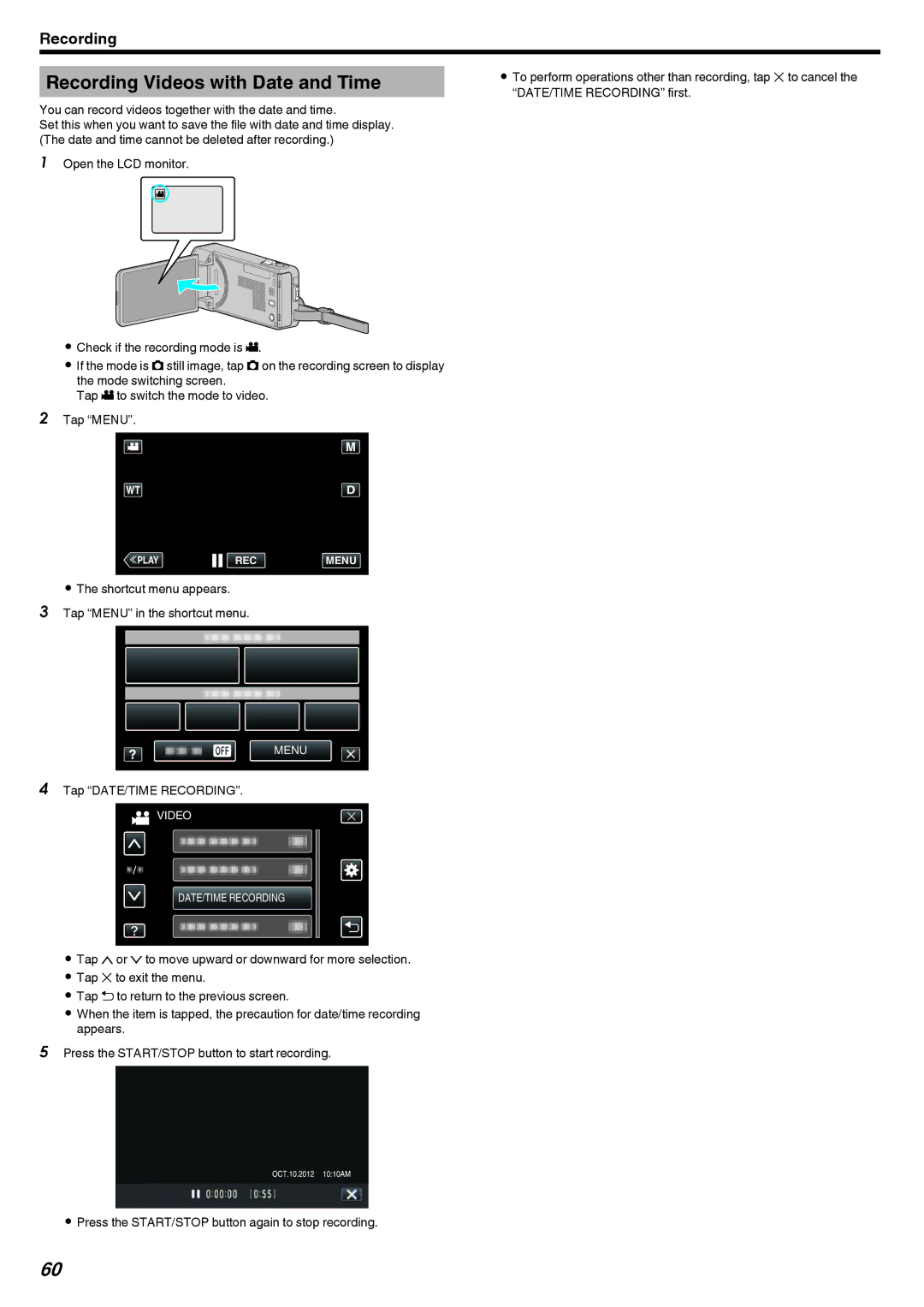 JVC GZ-V500 manual Recording Videos with Date and Time, Tap DATE/TIME Recording 