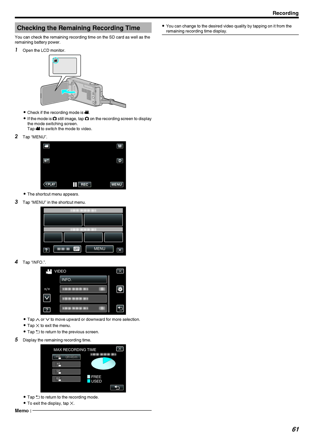 JVC GZ-V500 manual Checking the Remaining Recording Time, Tap Info 