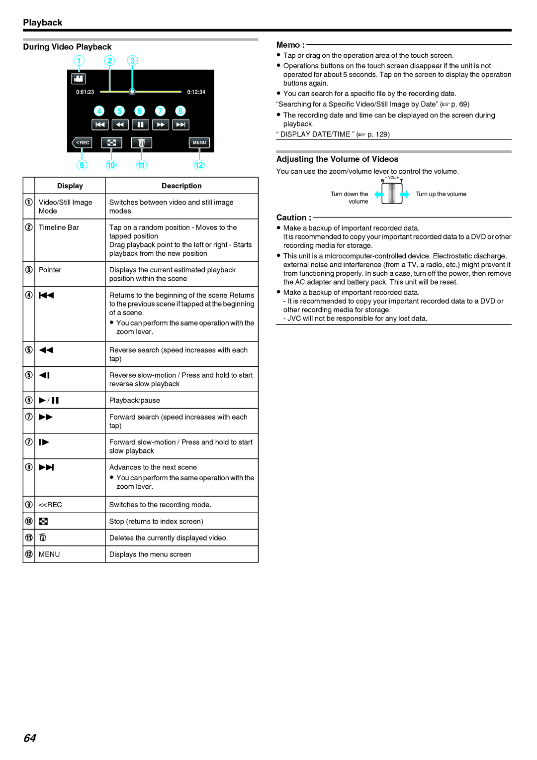 JVC GZ-V500 manual During Video Playback, Adjusting the Volume of Videos 