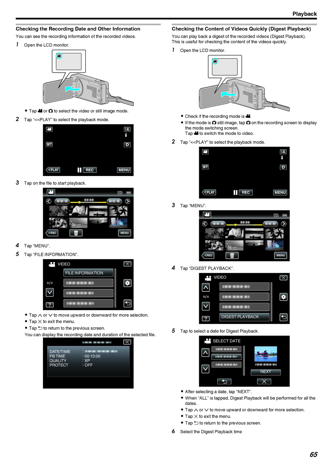 JVC GZ-V500 Checking the Recording Date and Other Information, Checking the Content of Videos Quickly Digest Playback 