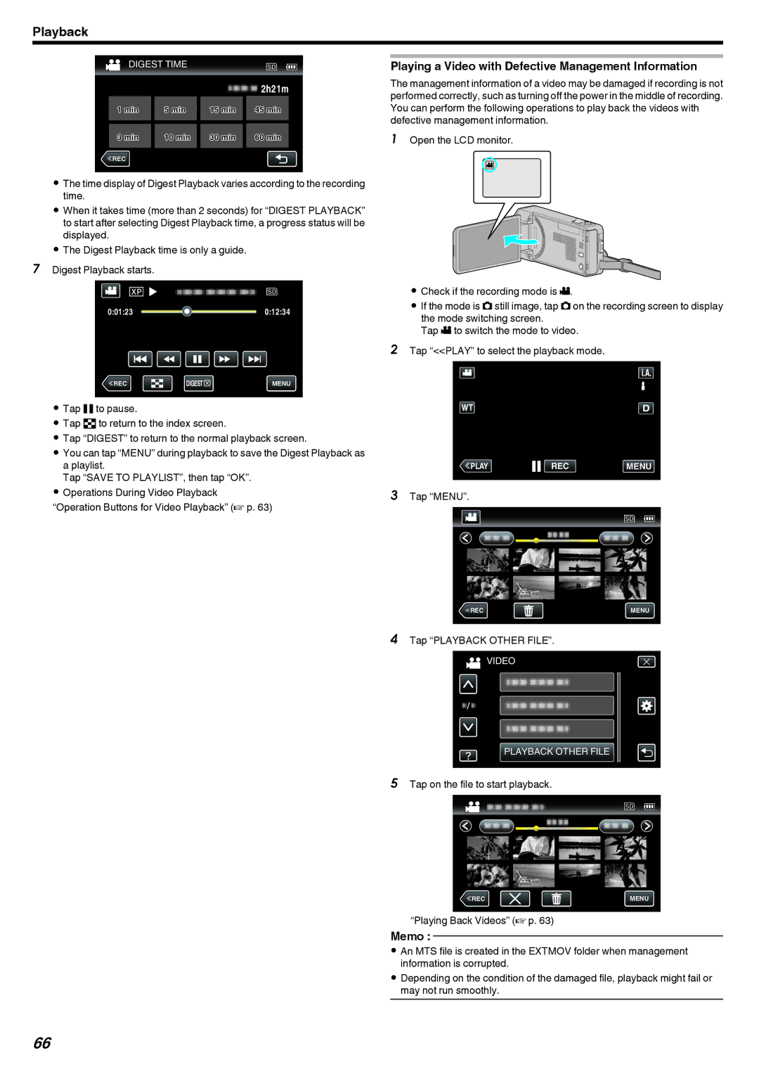 JVC GZ-V500 manual Playing a Video with Defective Management Information, Tap Playback Other File, Playing Back Videos a p 