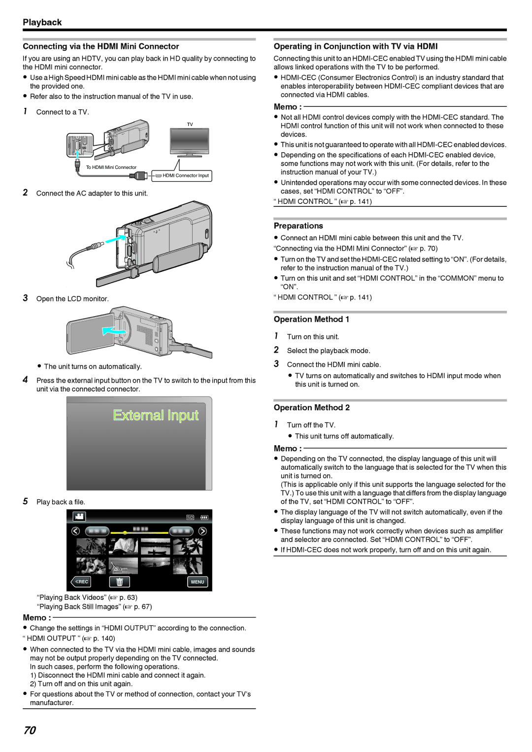 JVC GZ-V500 manual Connecting via the Hdmi Mini Connector, Operating in Conjunction with TV via Hdmi, Preparations 