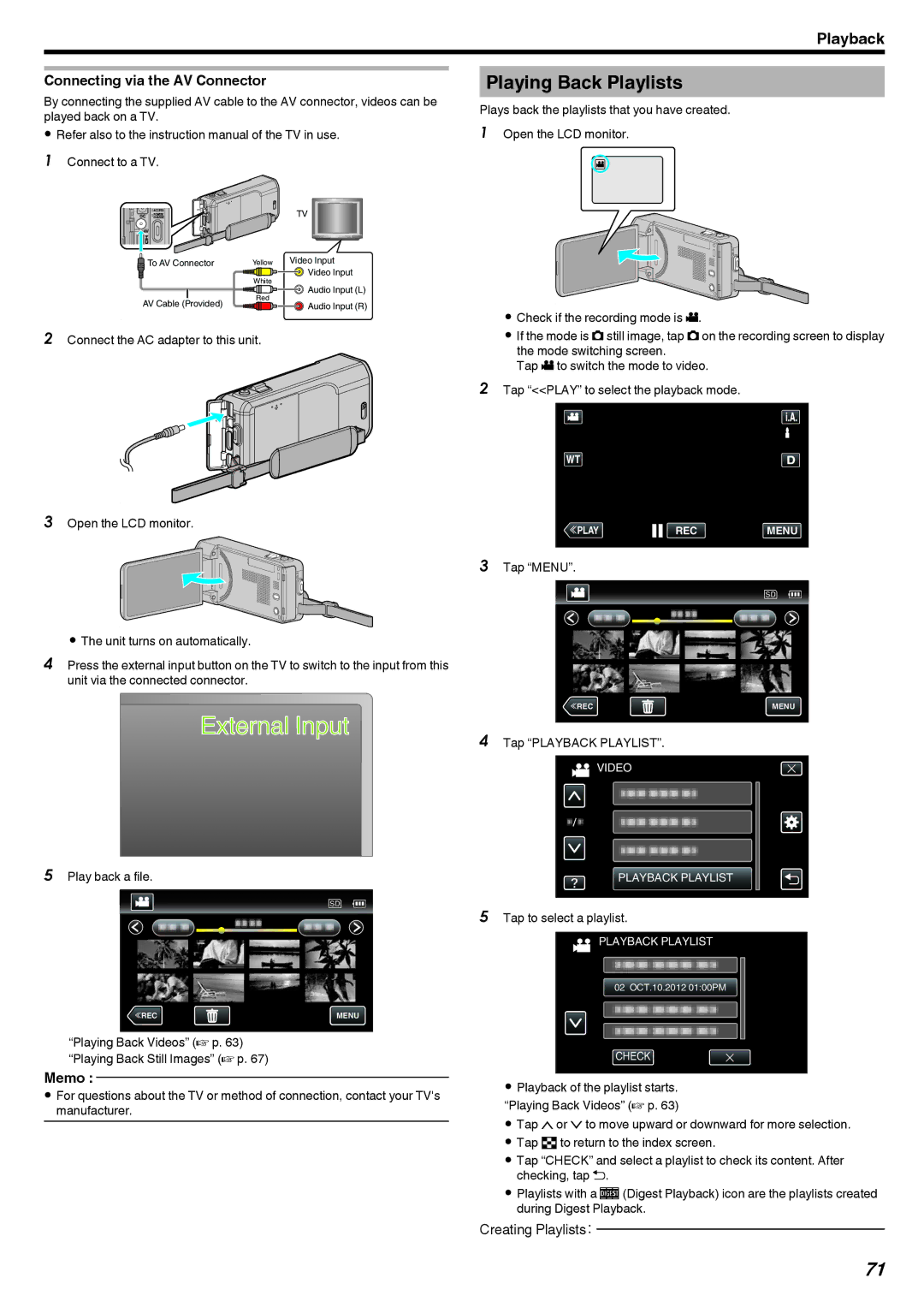 JVC GZ-V500 manual Playing Back Playlists, Connecting via the AV Connector, Tap Playback Playlist, Tap to select a playlist 