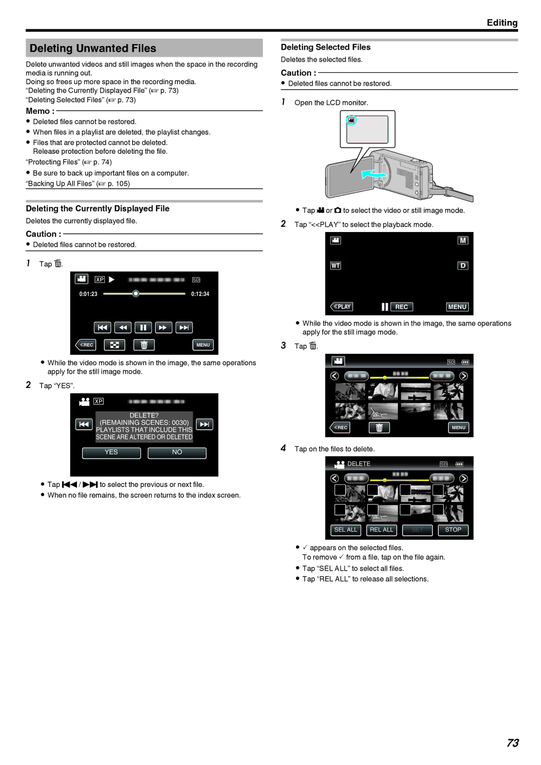 JVC GZ-V500 manual Deleting Unwanted Files, Deleting the Currently Displayed File, Deleting Selected Files 