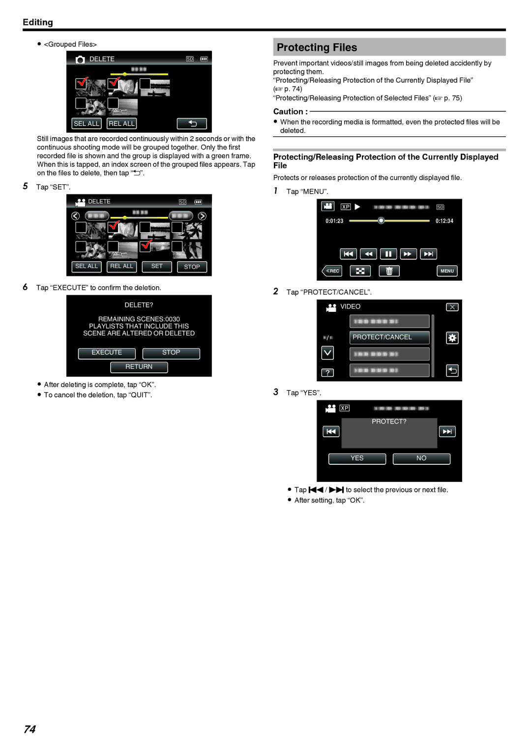 JVC GZ-V500 manual Protecting Files, Grouped Files, Tap Execute to confirm the deletion, Tap PROTECT/CANCEL 