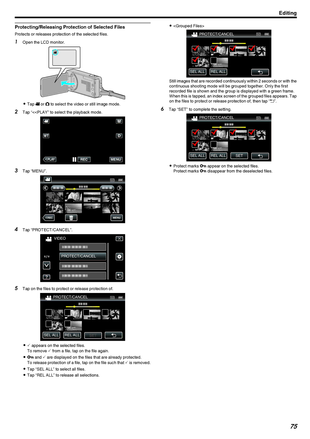 JVC GZ-V500 manual Protecting/Releasing Protection of Selected Files, Tap SET to complete the setting 