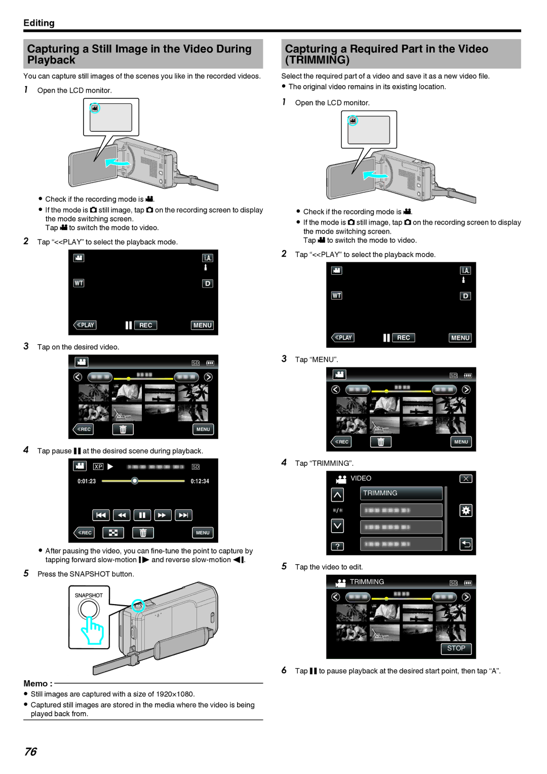 JVC GZ-V500 manual Capturing a Still Image in the Video During Playback, Capturing a Required Part in the Video Trimming 