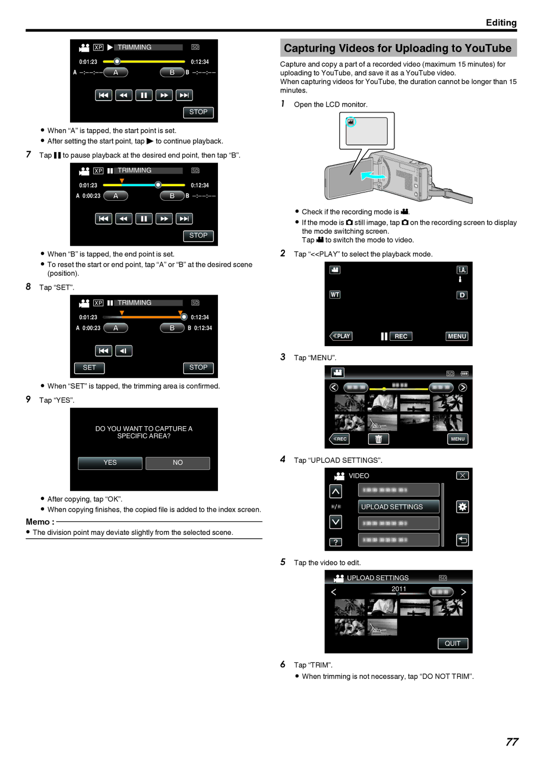 JVC GZ-V500 manual Capturing Videos for Uploading to YouTube, When SET is tapped, the trimming area is confirmed Tap YES 