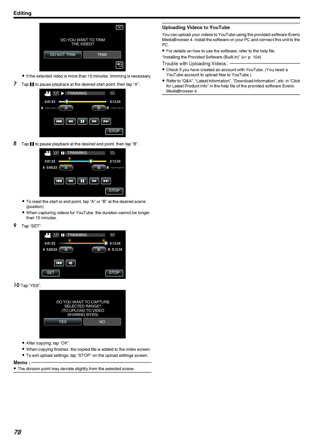 JVC GZ-V500 manual Uploading Videos to YouTube, Do YOU Want to Trim VIDEO? Do not Trim 