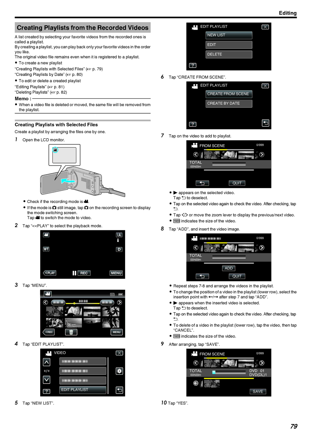 JVC GZ-V500 manual Creating Playlists from the Recorded Videos, Creating Playlists with Selected Files 