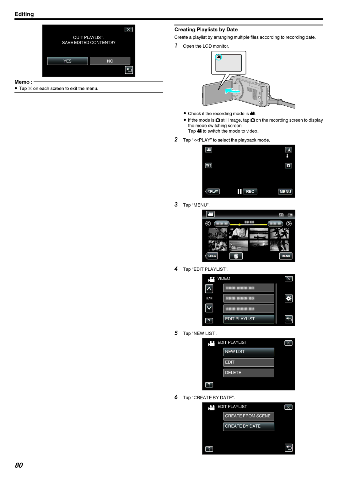 JVC GZ-V500 manual Creating Playlists by Date, Tap L on each screen to exit the menu, Tap Create by Date 