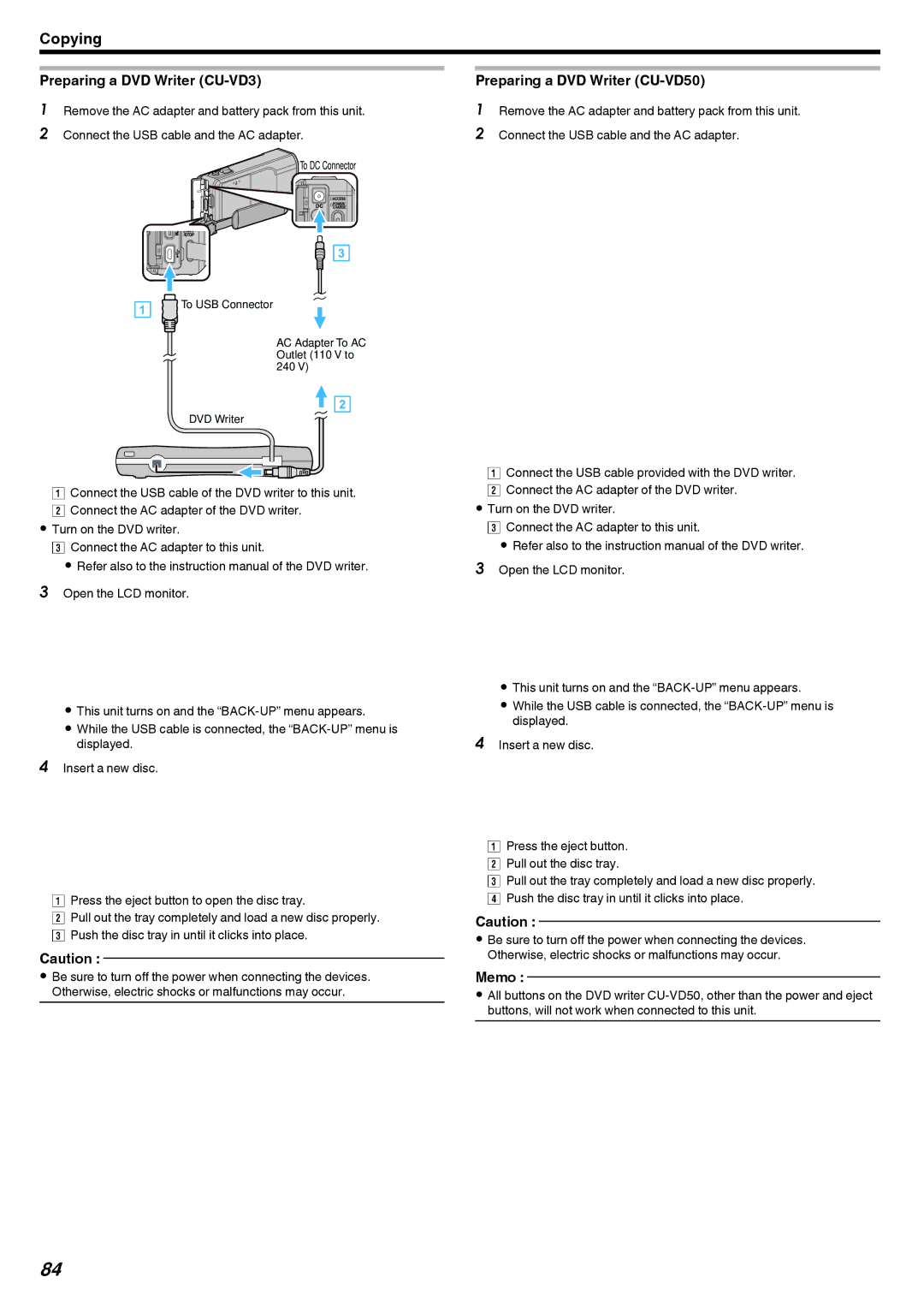 JVC GZ-V500 manual Preparing a DVD Writer CU-VD3, Preparing a DVD Writer CU-VD50 