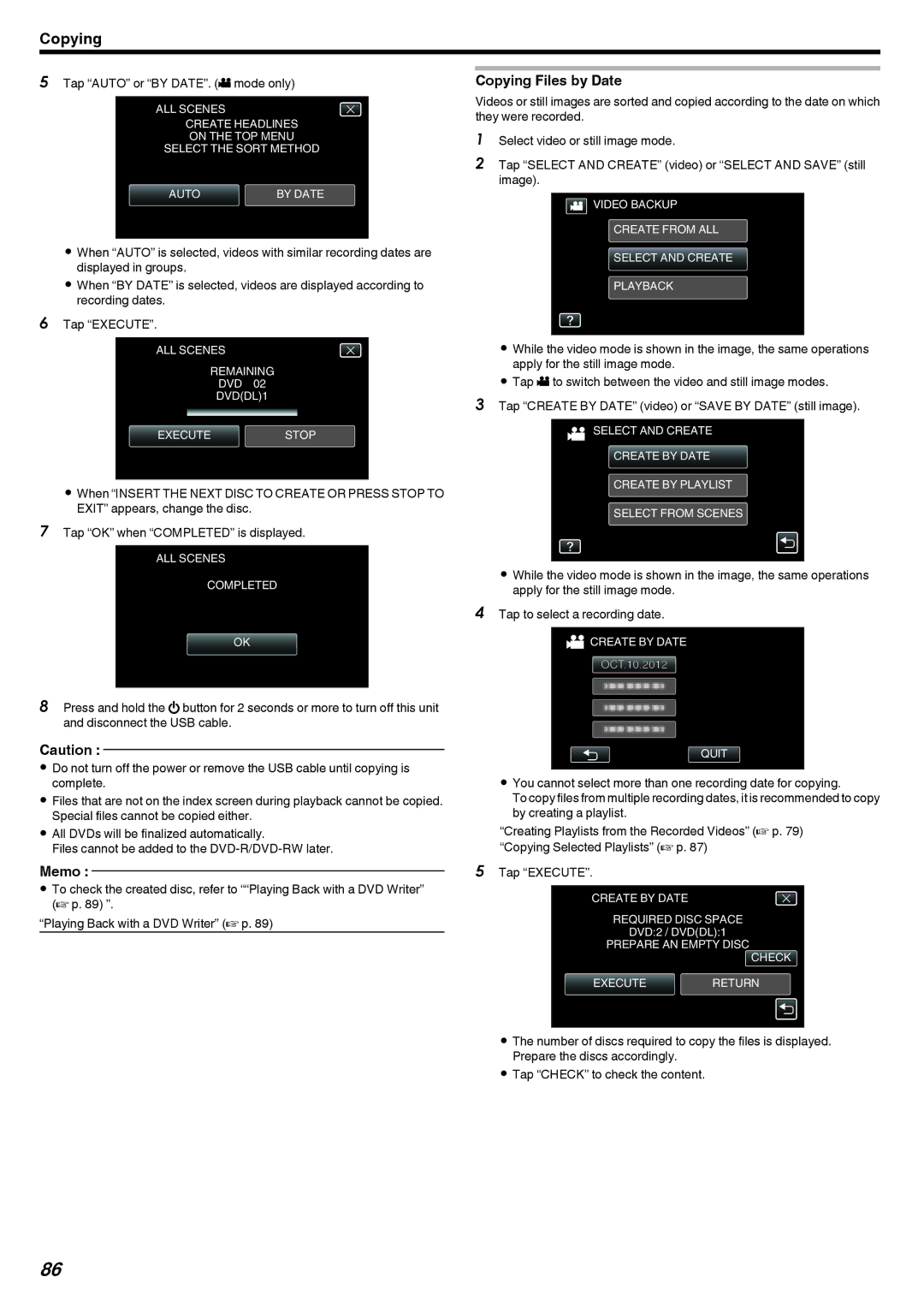 JVC GZ-V500 manual Copying Files by Date, Tap Auto or by DATE. a mode only 