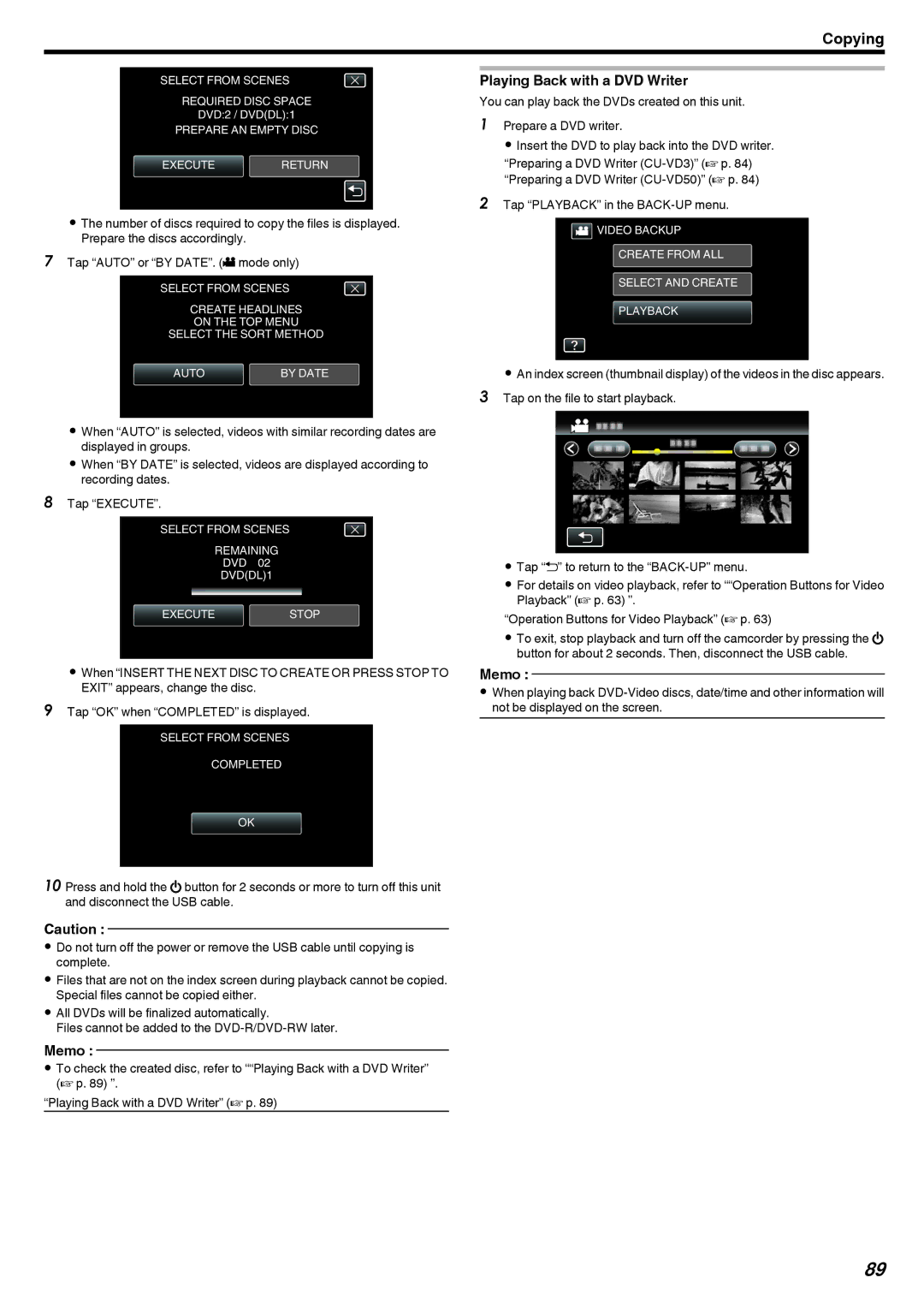 JVC GZ-V500 manual Playing Back with a DVD Writer, Tap Playback in the BACK-UP menu 