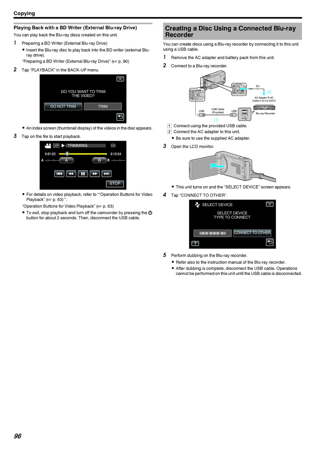 JVC GZ-V500 manual Creating a Disc Using a Connected Blu-ray Recorder, Playing Back with a BD Writer External Blu-ray Drive 