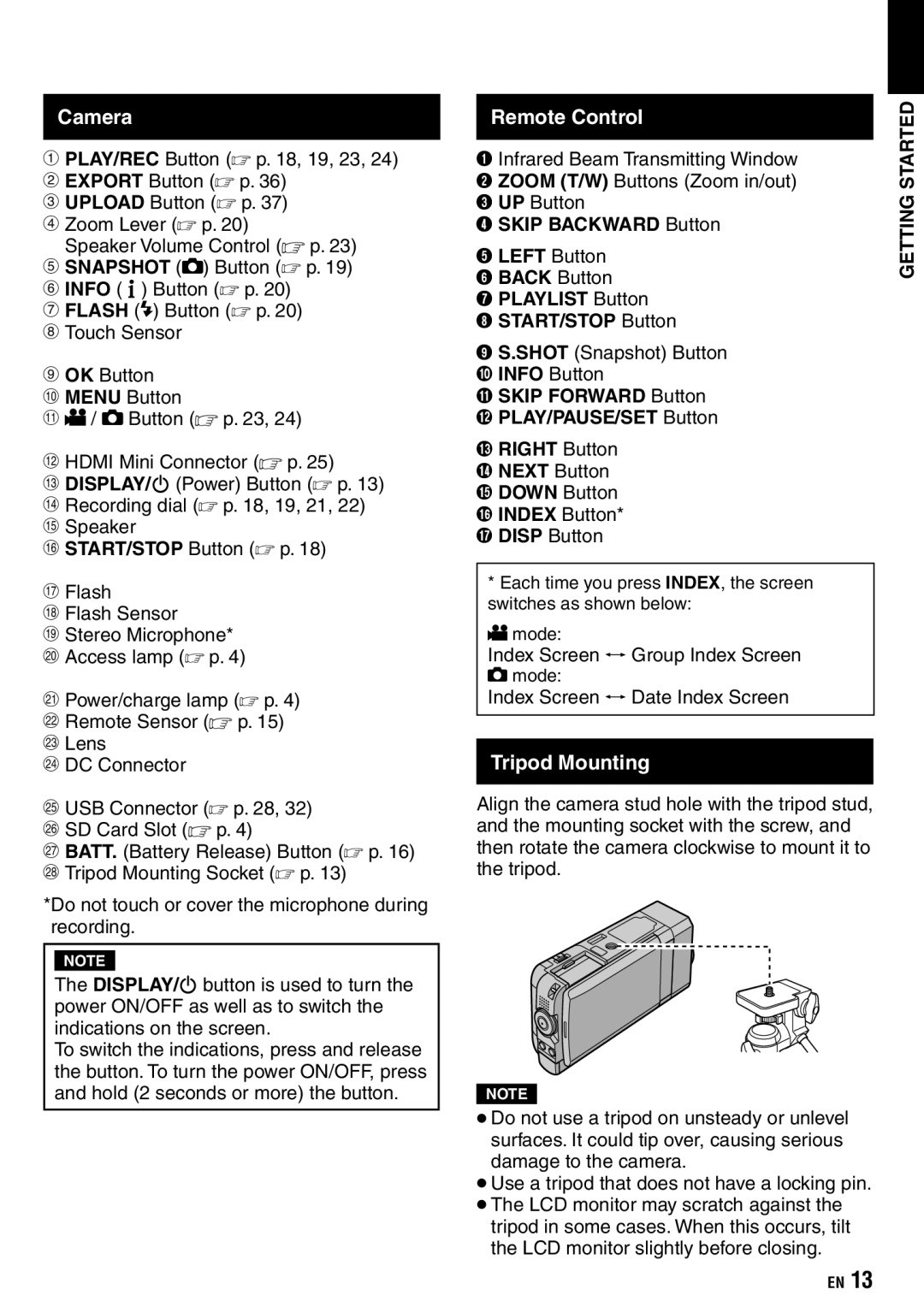 JVC GZ-X900 manual Camera, Remote Control, Tripod Mounting 