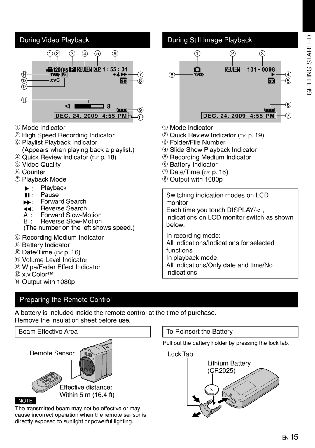 JVC GZ-X900 manual During Video Playback During Still Image Playback, Preparing the Remote Control 