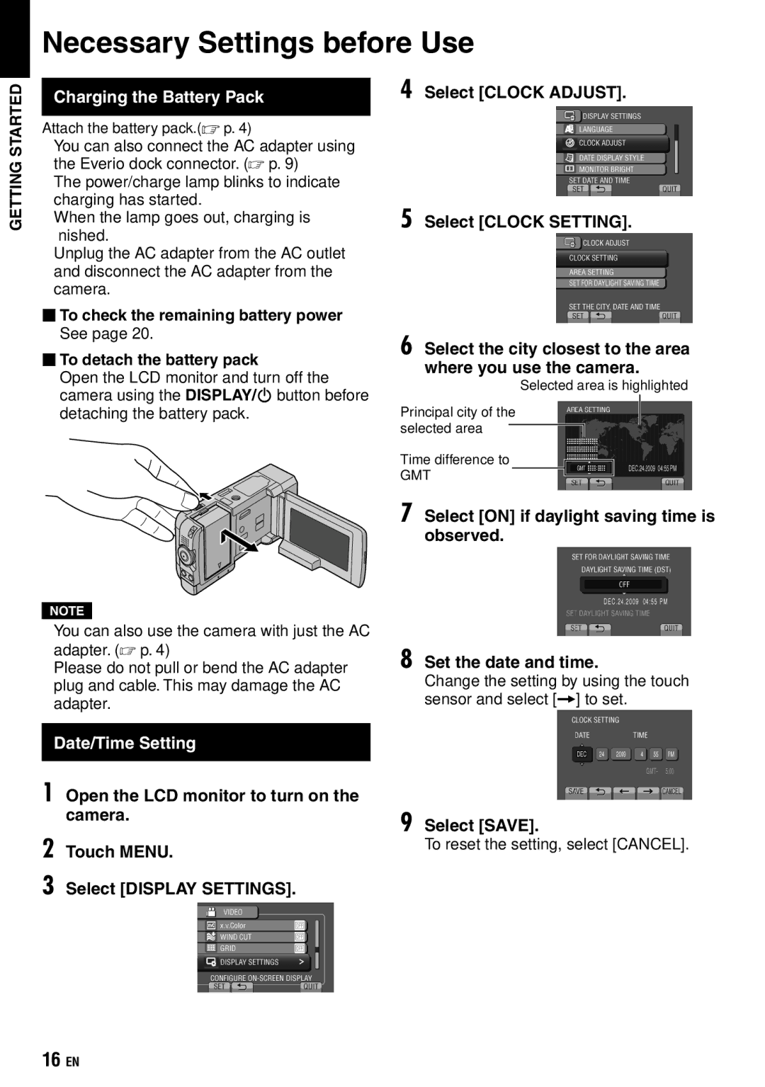 JVC GZ-X900 manual Necessary Settings before Use, Charging the Battery Pack, Date/Time Setting 